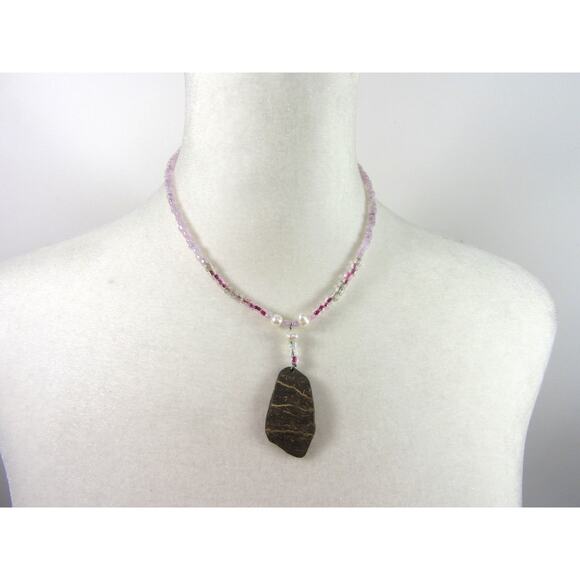 Pink Clear Bead Brown Rock Pendant Necklace 20" Boho Cottagecore Whimsical Retro - Picture 1 of 3
